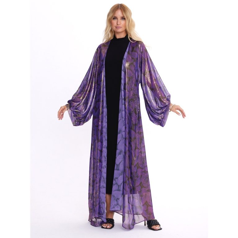 Parlak Kumaş Yaprak Desenli Mor Abaya